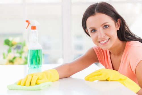 Carpet cleaning safety image showing protective equipment and tidy work area