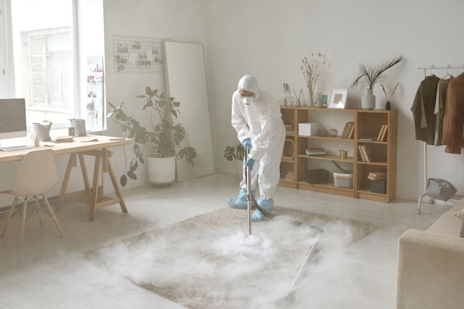 A professional cleaner from Frognal Carpet Cleaners, dressed in a full white protective suit, goggles, and gloves, is performing surface cleaning in a modern living room. The cleaner is using a steam 